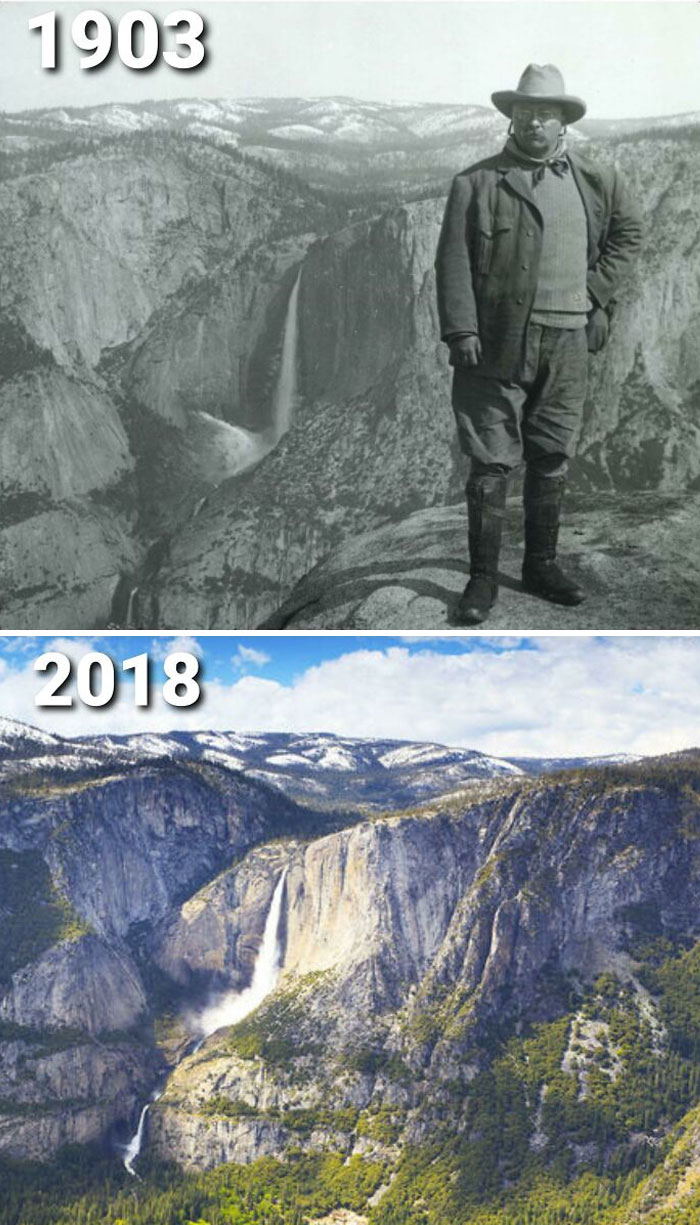 Before and after photo of a waterfall in a mountainous landscape, revealing how America has changed.