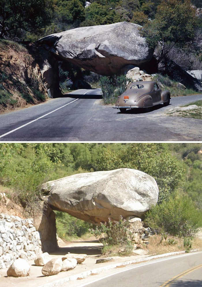 Before and after photo of a large rock formation over a road, demonstrating how America has changed.