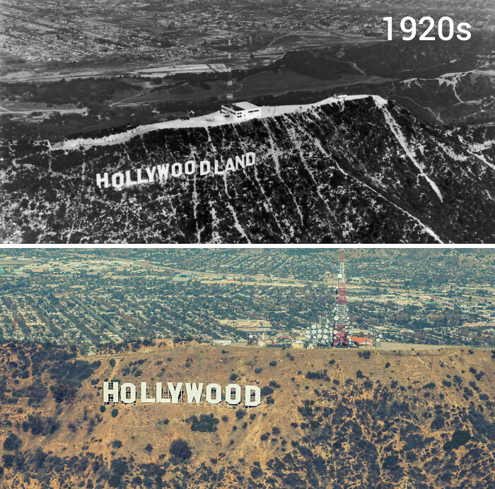Before and after photo of the Hollywood sign on a hillside, highlighting how America has changed over time.