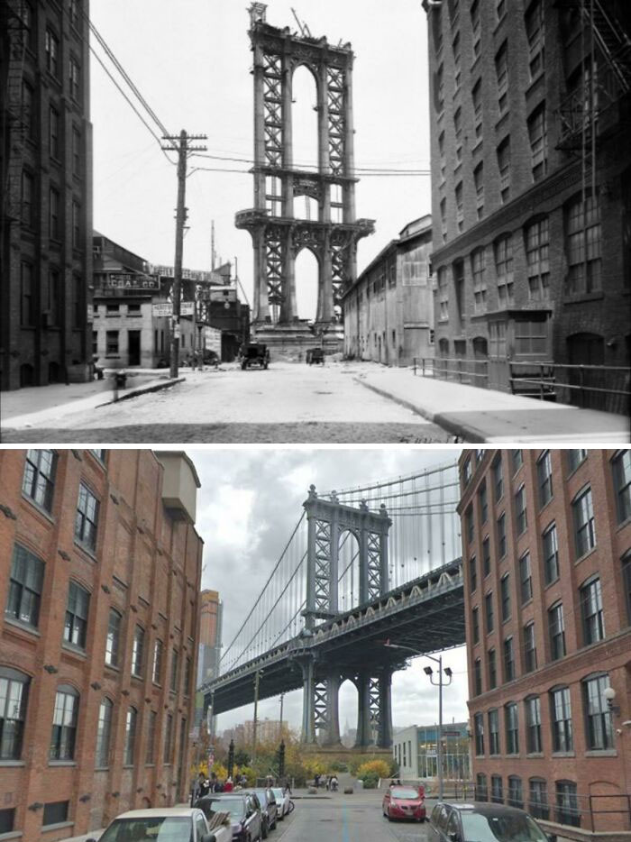 Before-and-after photos showcasing the construction of the Manhattan Bridge, demonstrating how much America has changed.