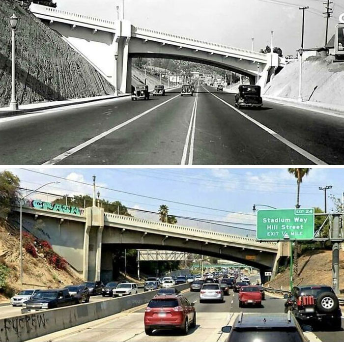 Before-and-after photos of an urban highway with an overpass, illustrating how much America has changed over time.