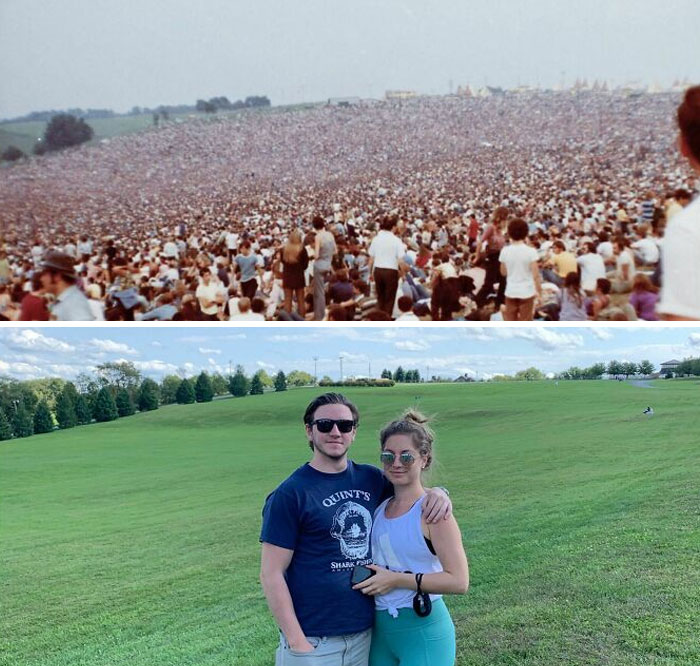 Before and after photo comparing a densely packed concert crowd to an empty green field, showing how America has changed.