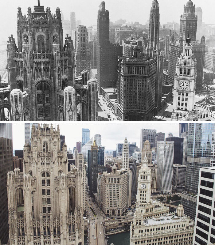 Before-and-after photos of a cityscape in America, highlighting architectural changes and urban evolution.