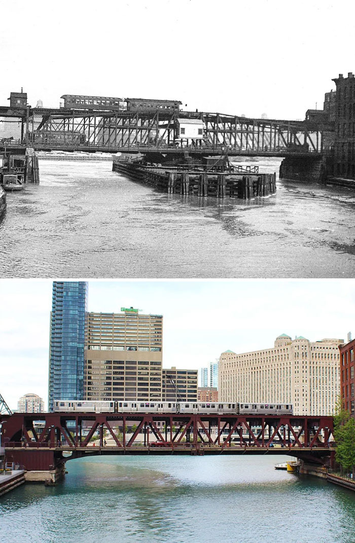 Before-and-after photos of a bridge in America, illustrating structural evolution and a passing train.