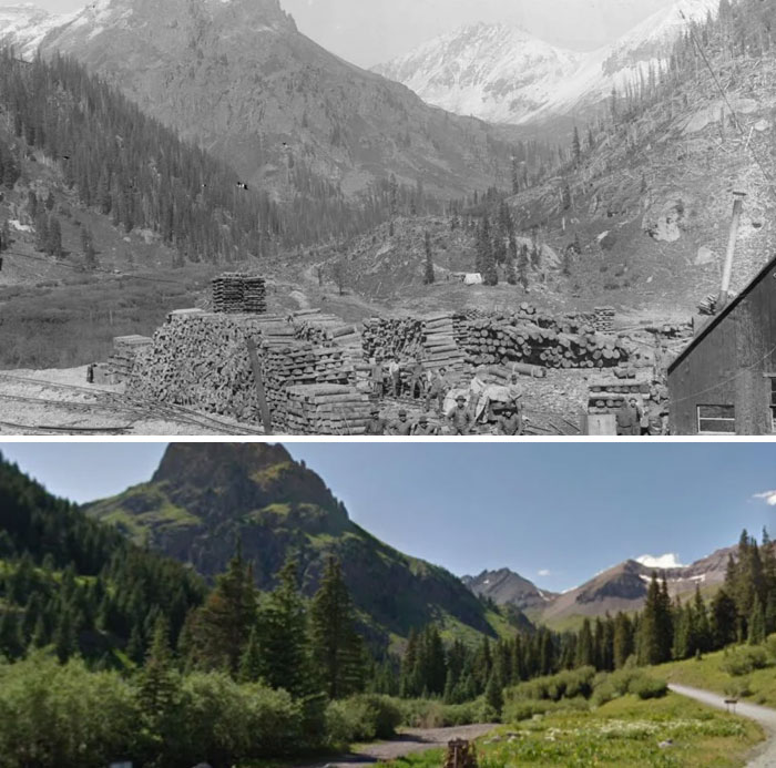 Before-and-after photos capturing how America has changed, from logging operations to a lush, forested mountain landscape.