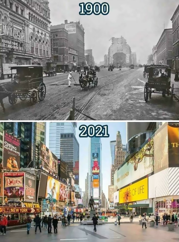 Before-and-after photos of Times Square reveal how much America has changed, showing its transformation from 1900 to 2021.