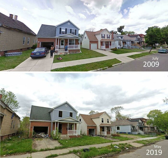Before-and-after photos of a street with several houses in 2009 and 2019, reflecting how much America has changed.