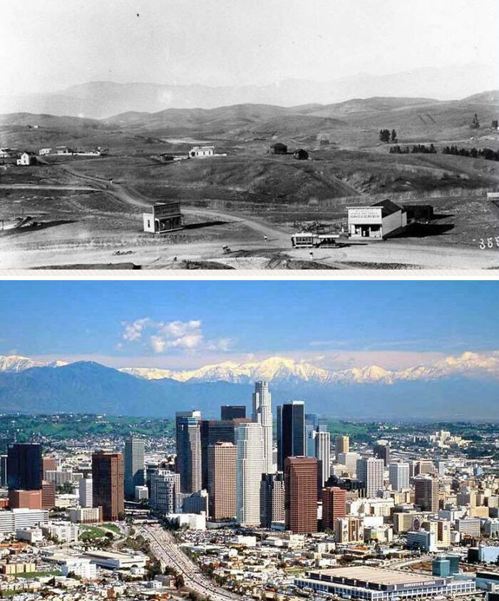 Before-and-after photos of a mountainous landscape transforming into a city in America, showcasing growth and development.
