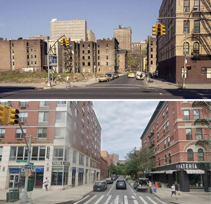 Before-and-after photos of an urban street in America, showing dramatic rebuilding and revitalization.