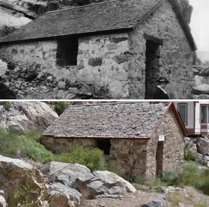 An old stone cabin in America, seen in before-and-after photos, remains remarkably preserved on a rocky hillside.