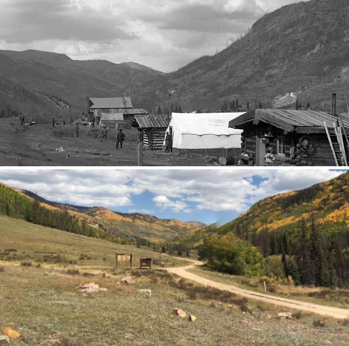 Before-and-after photos show how a remote mountain camp in America changed into a scenic valley road.