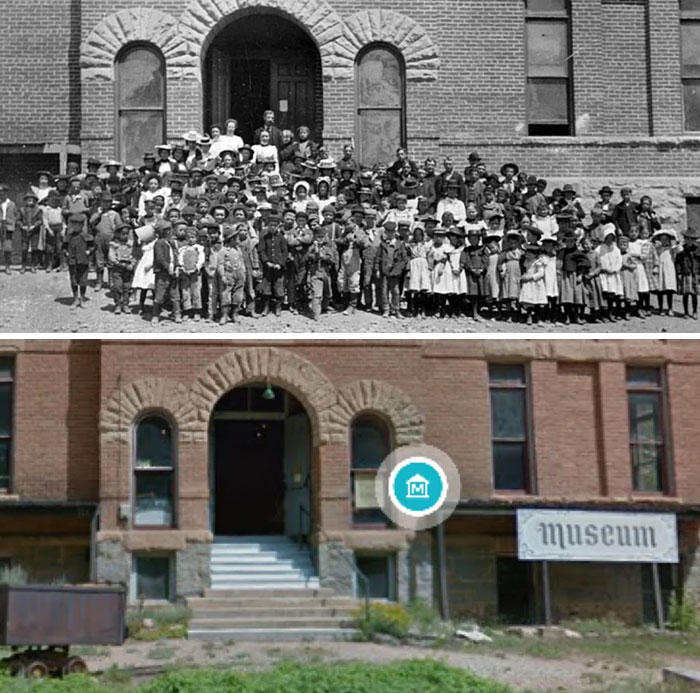 A before-and-after photo highlighting how much America changed, showing a large group of children outside a school in the past vs. the same building now a museum.