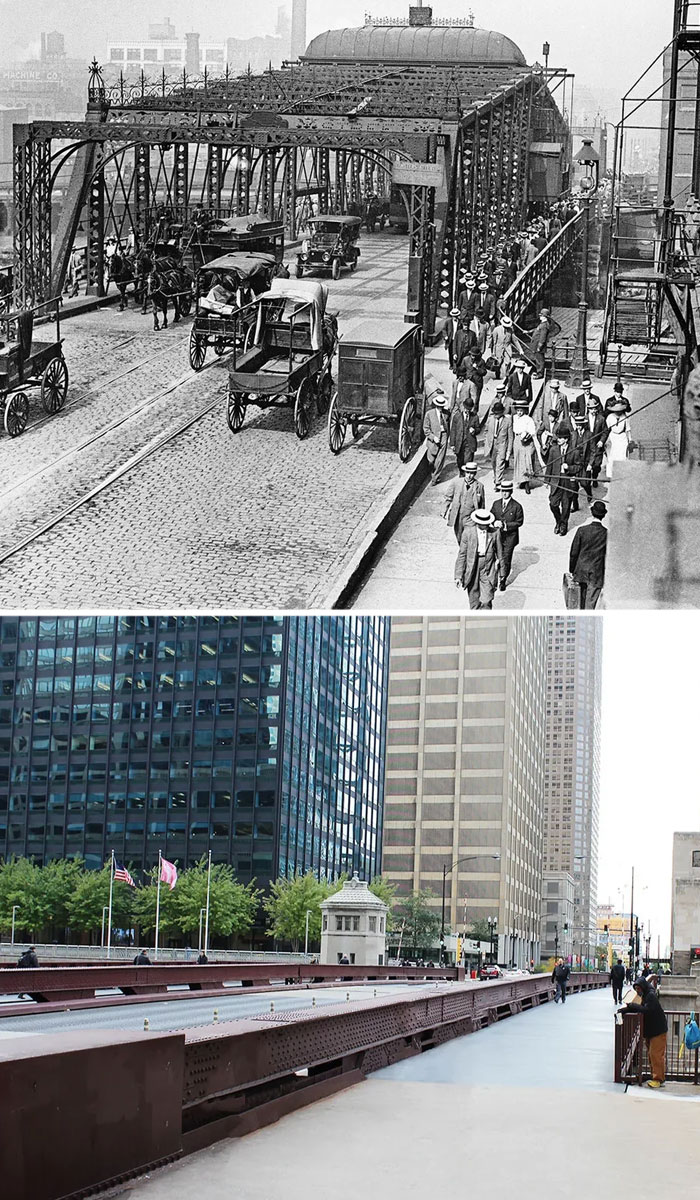 Before-and-after photos of a busy bridge in America, illustrating the evolution of transport and urban landscape.