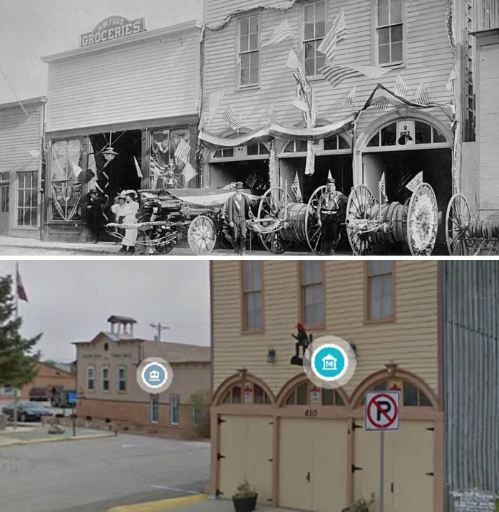 A before-and-after photo revealing how much America changed, comparing a decorated 19th-century storefront with a modern fire station and town hall.