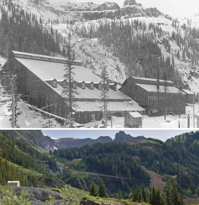 A before-and-after photo demonstrating how much America changed, showing a large snow-covered mining complex vs. a lush, reforested mountain landscape.