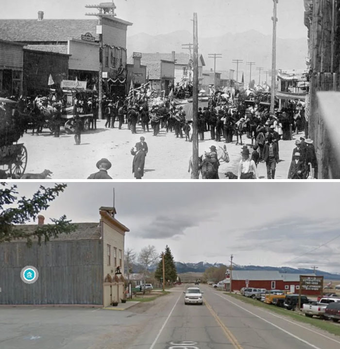 A before-and-after photo illustrating how much America changed, with a bustling 19th-century parade scene vs. a quiet modern street.
