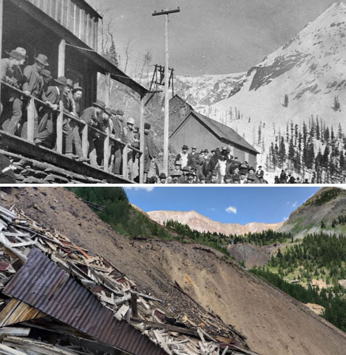 Before-and-after photos of a mining town in America, showing dramatic changes from bustling industry to mountainous ruins.