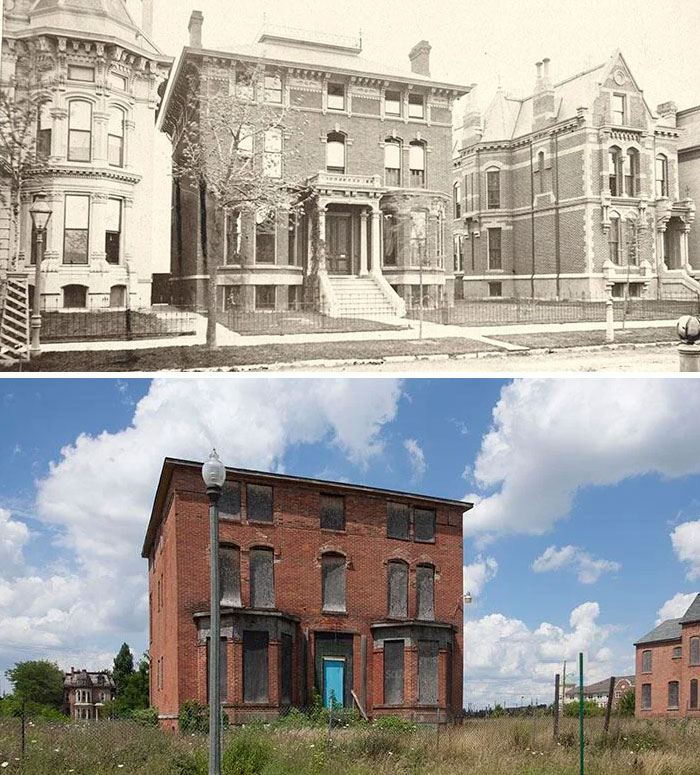 Before-and-after photos of a grand brick house in America, showing its decay into an abandoned, boarded-up structure.