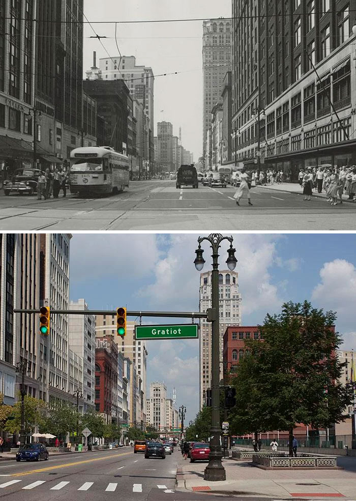 Before-and-after photos of Gratiot street in America, showcasing changes in architecture, vehicles, and urban landscape.