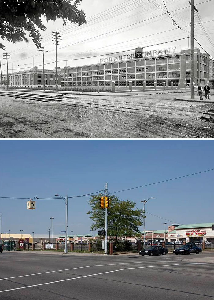 Before-and-after photos of the Ford Motor Company in America, transformed from a large factory to a modern commercial area.