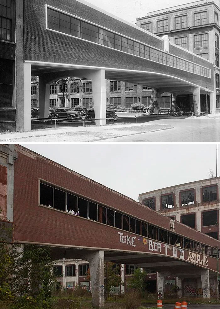 Before-and-after photo of an elevated walkway connecting buildings, highlighting how much America has changed.