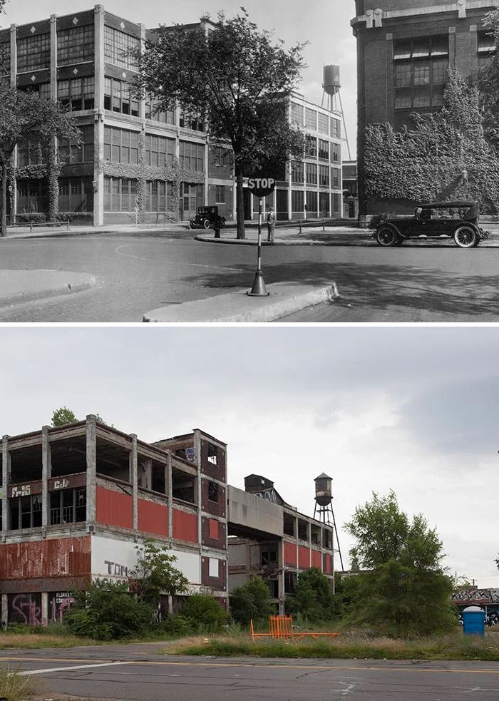 Before-and-after photo of industrial buildings, revealing how much America has changed with time.