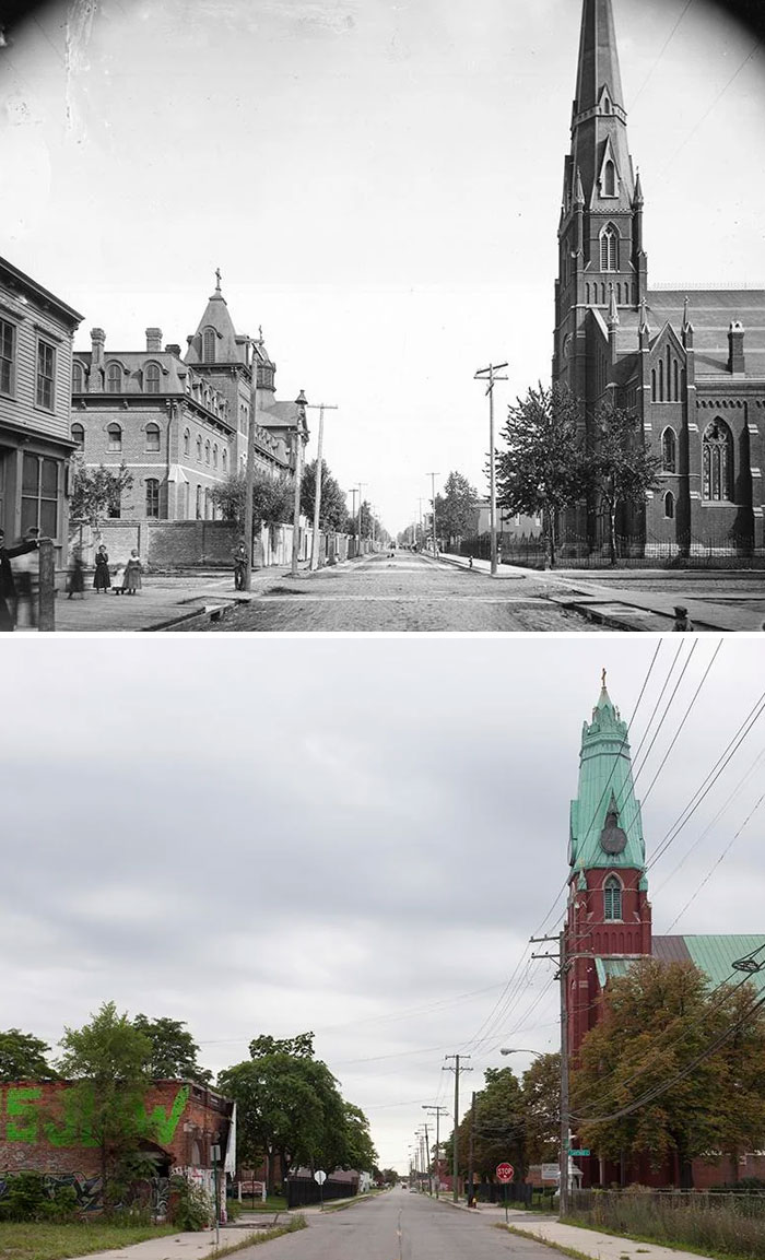 Before-and-after photo of a street with a church steeple, demonstrating how much America has changed.
