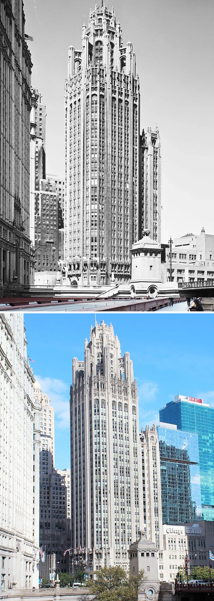 Before-and-after photos of a historic building in America, showing its architectural changes over time.