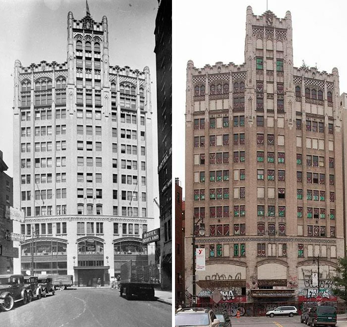 Before-and-after photo of a tall building, illustrating how much America has changed, showing urban decay.