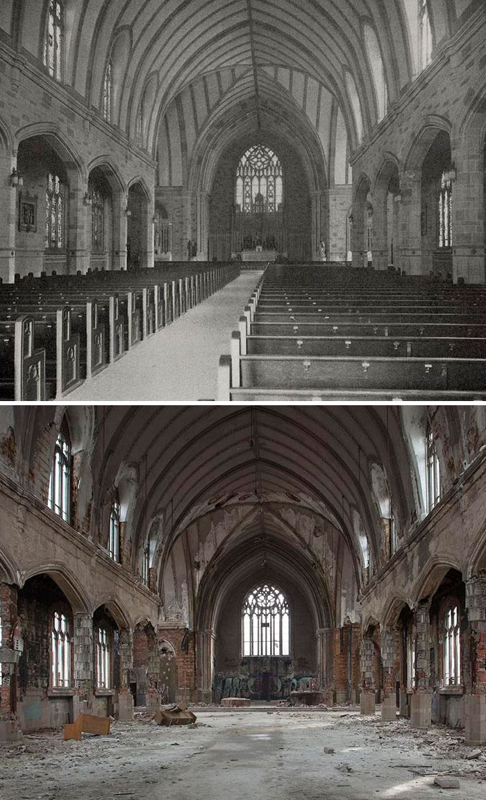 Before-and-after photo of a church interior, showing how much America has changed from pristine to abandoned.