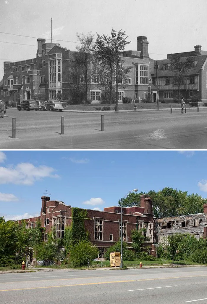 America before-and-after photos illustrate an old brick building decaying over time, with overgrown ivy and visible structural damage.