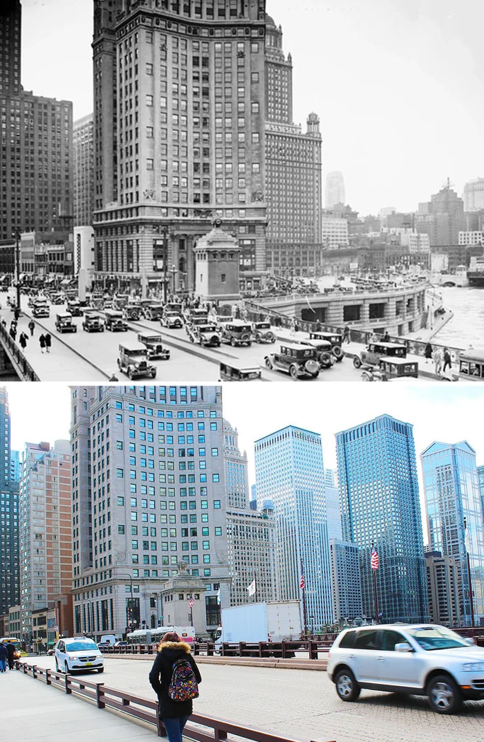 Before-and-after photos of a busy street in America, highlighting changes in traffic and architecture.
