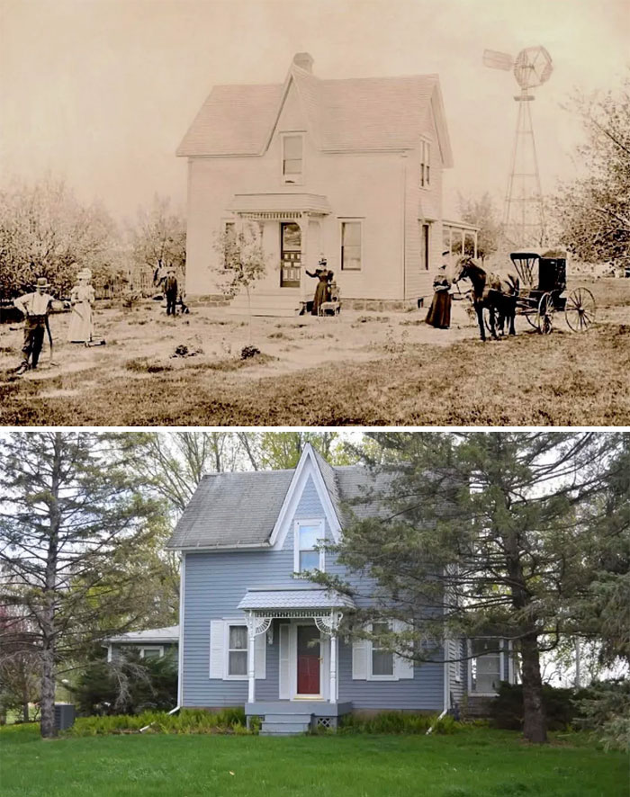 Before-and-after photos of a house with a windmill in 1900 and the same house in modern times, showing how much America has changed.