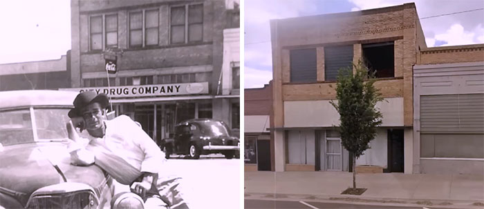 Before-and-after photos showing an old d**g store building and a man leaning on a car, highlighting how much America has changed.