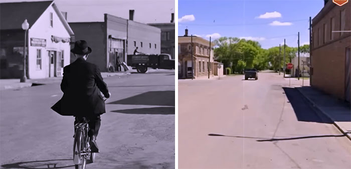 A before-and-after photo showcasing how much America has changed, from a bustling street with a cyclist to a quieter modern road.