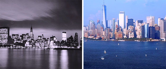 An iconic before-and-after photo depicting how much America has changed, from a classic night skyline to a modern daytime cityscape.