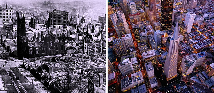Before-and-after photos illustrating America's change from a destroyed city to a vibrant, dense urban landscape.