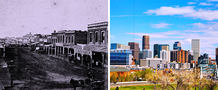 A before-and-after photo shows how much America has changed, featuring a historical dirt road town evolving into a modern city.