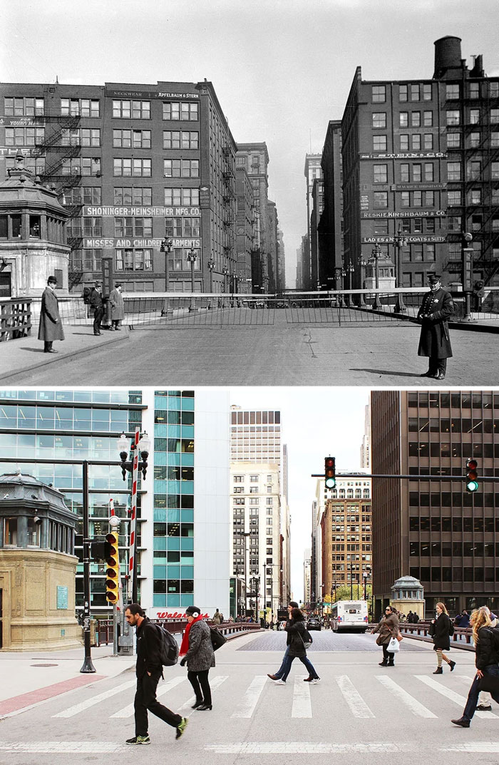 Before-and-after photos of a street in America showing historical architectural changes and modern urban life.