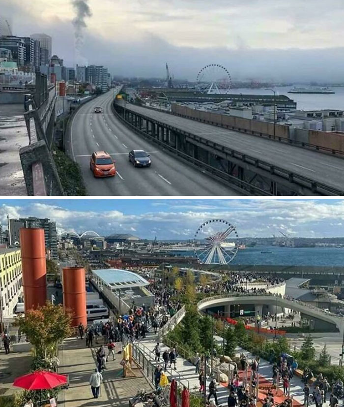 Before-and-after photos of a coastal city with a highway transforming into a vibrant waterfront park, depicting how much America has changed.