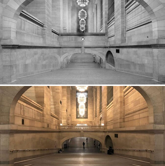 Before-and-after photos of Grand Central Terminal showing how much America has changed, from black and white to color.