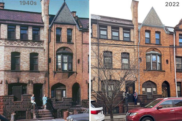 America changed: A row of brownstone buildings in the 1940s contrasted with the same buildings in 2022.