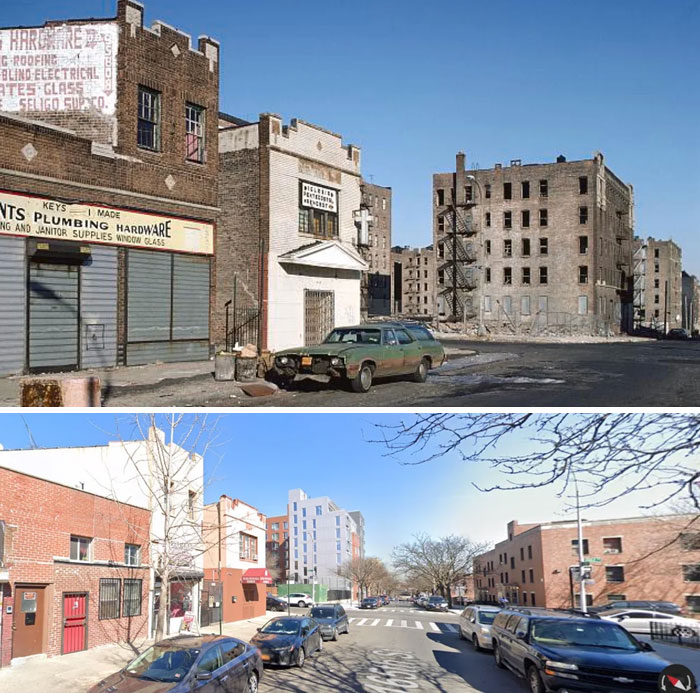 Before-and-after photos of a city block in America, showcasing urban development and street life.
