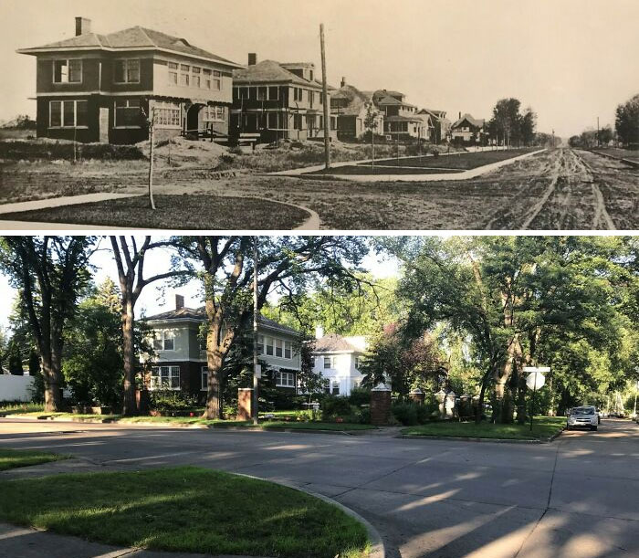 America before-and-after photos show a residential street changing from unpaved roads and young trees to paved roads and mature trees.