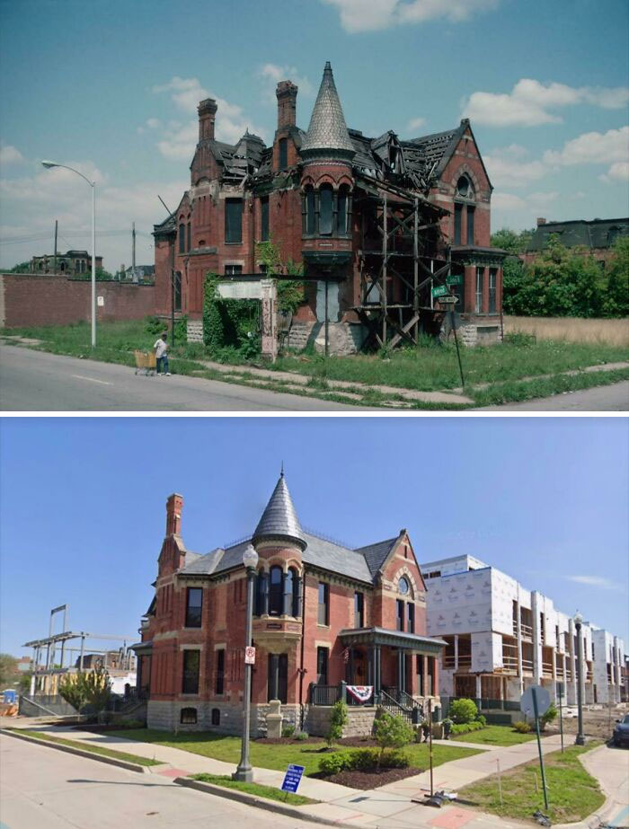 Two photos comparing a dilapidated historic red brick house with its fully restored version surrounded by new construction, showing how much America has changed.