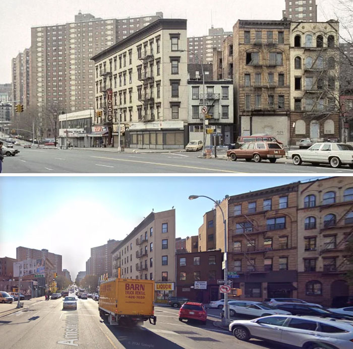 Before-and-after photos of a city street with multiple buildings, demonstrating how much America has changed over time.