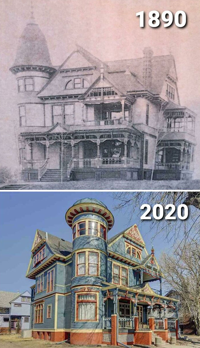 Before and after photo comparison of a Victorian house from 1890 and 2020, illustrating how much America has changed.