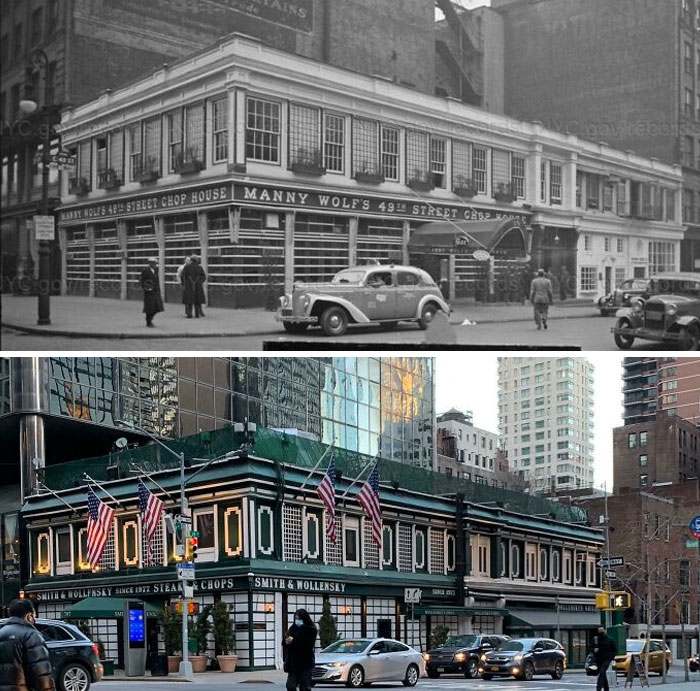 America changed: Manny Wolfs 49th Street Chop House then and Smith & Wollensky now, New York City before and after.