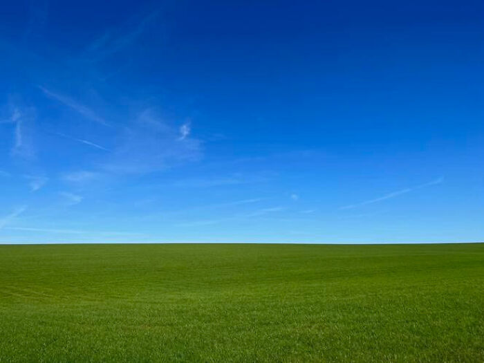 A vast, empty green field under a clear blue sky, presenting an open and expansive liminal space.