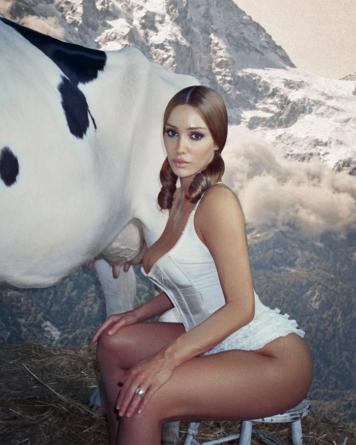 Bianca Censori in a controversial milk-drinking music video scene, sitting beside a cow. Bianca Censori in a controversial milk-drinking music video scene, sitting beside a cow.